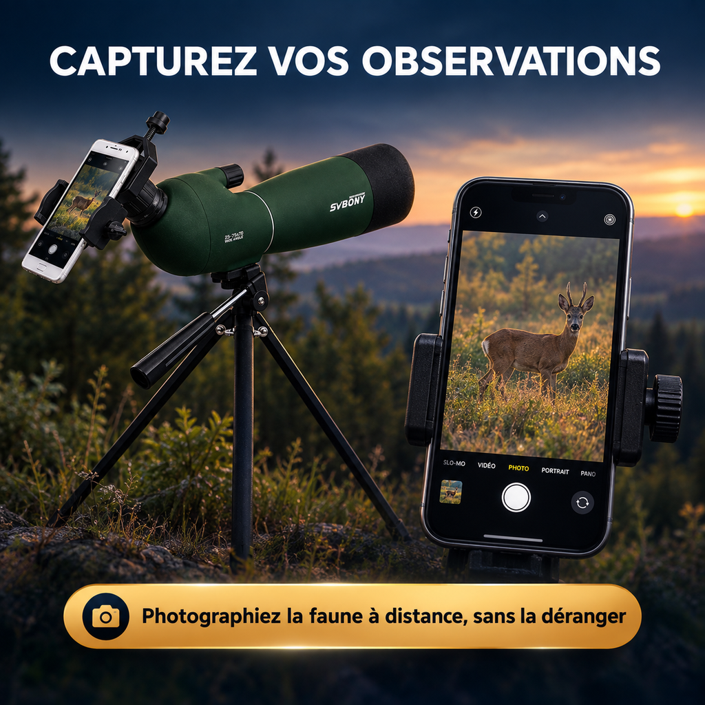 Adaptateur smartphone fixé sur l'oculaire de la longue-vue Astrolunette 80 mm